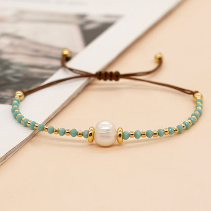 Casual Simple Style Round Artificial Crystal Freshwater Pearl Beaded Drawstring Braid Bracelets