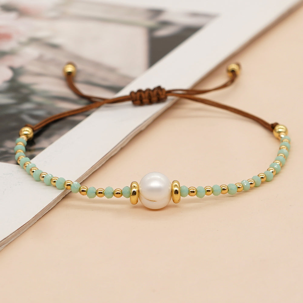 Casual Simple Style Round Artificial Crystal Freshwater Pearl Beaded Drawstring Braid Bracelets