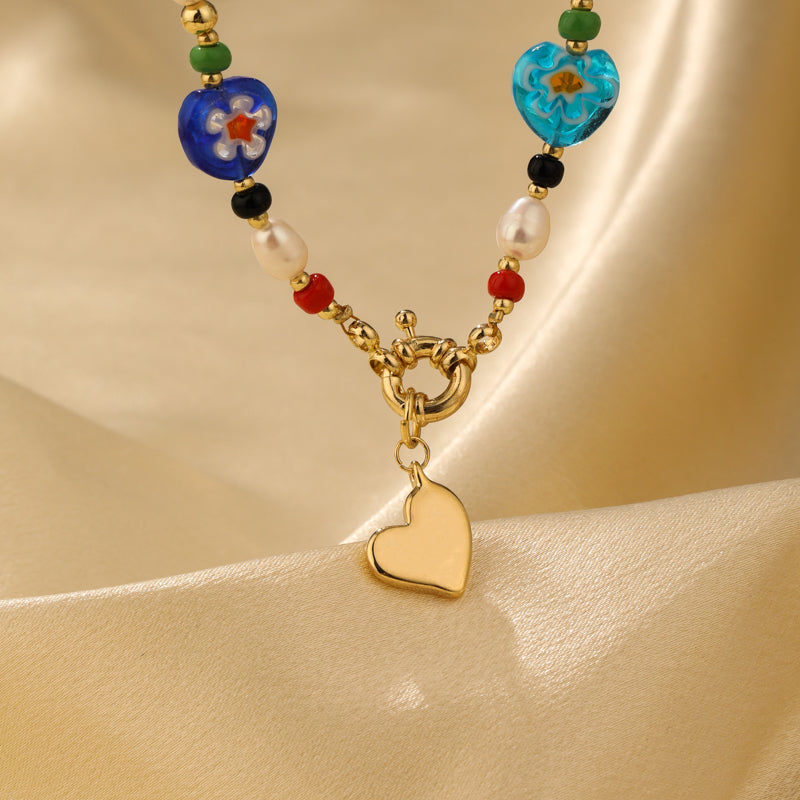 Vacation Heart Shape Freshwater Pearl Glass Copper Beaded Flowers 14k Gold Plated Pendant Necklace