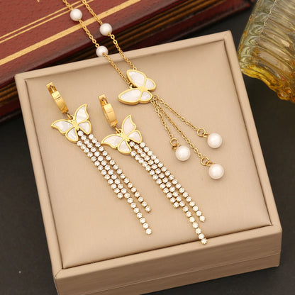 Ig Style Casual Tassel Butterfly Stainless Steel Plating Inlay Pearl Shell Zircon Bracelets Earrings Necklace