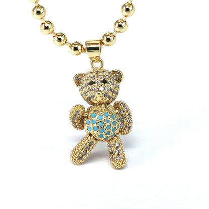 Hip-hop Streetwear Little Bear Copper Gold Plated Zircon Pendant Necklace In Bulk