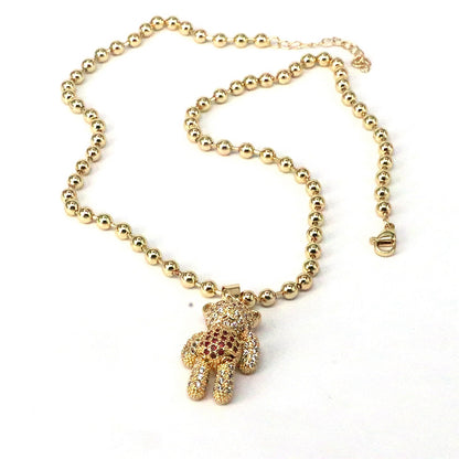 Hip-hop Streetwear Little Bear Copper Gold Plated Zircon Pendant Necklace In Bulk