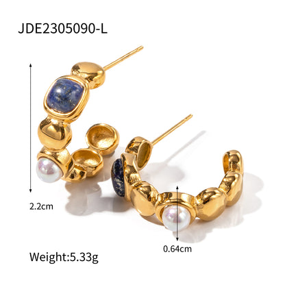 1 Pair Retro C Shape Plating Inlay Stainless Steel Artificial Pearls Natural Stone 18k Gold Plated Ear Studs