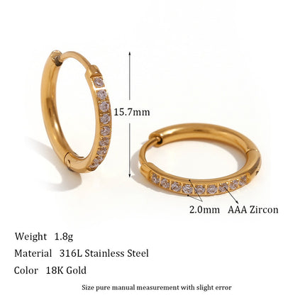 1 Pair Simple Style Round Solid Color Plating Inlay Stainless Steel Zircon 18k Gold Plated Hoop Earrings