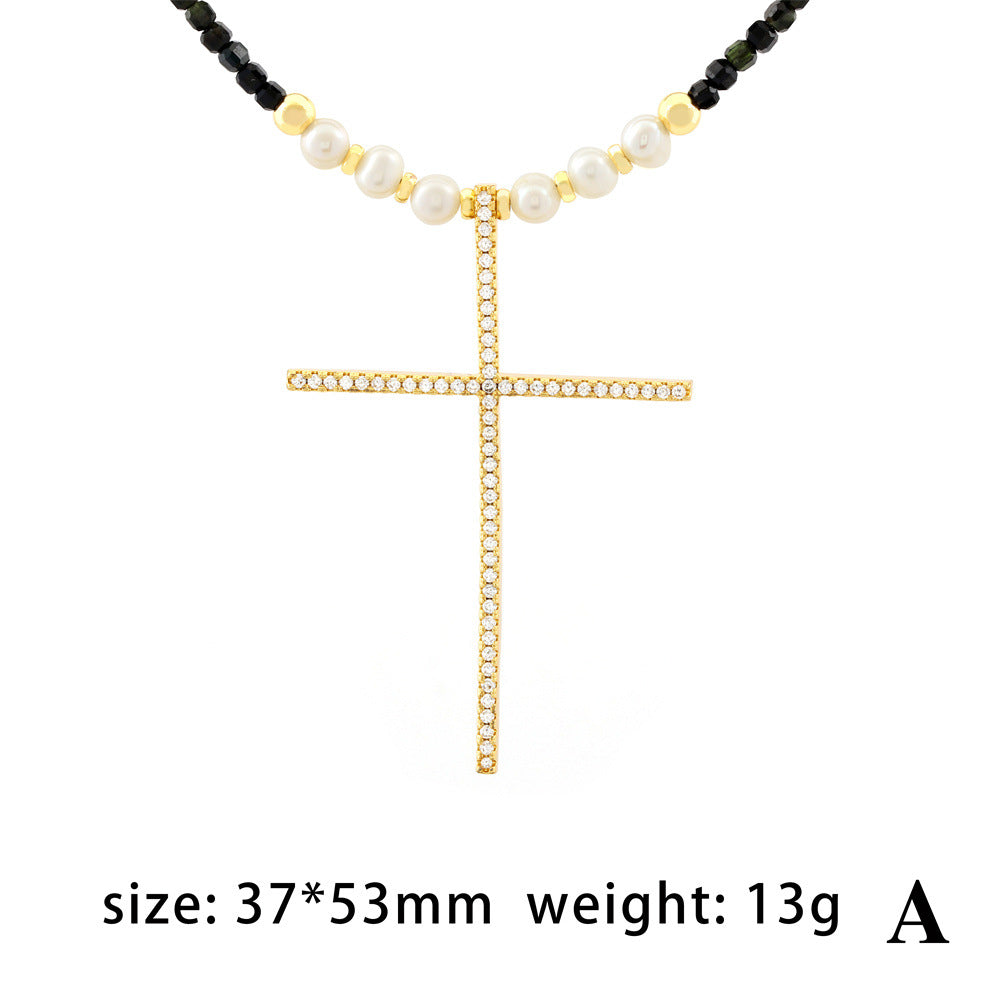 Ethnic Style Streetwear Cross Freshwater Pearl Beaded Plating Inlay Zircon Pendant Necklace