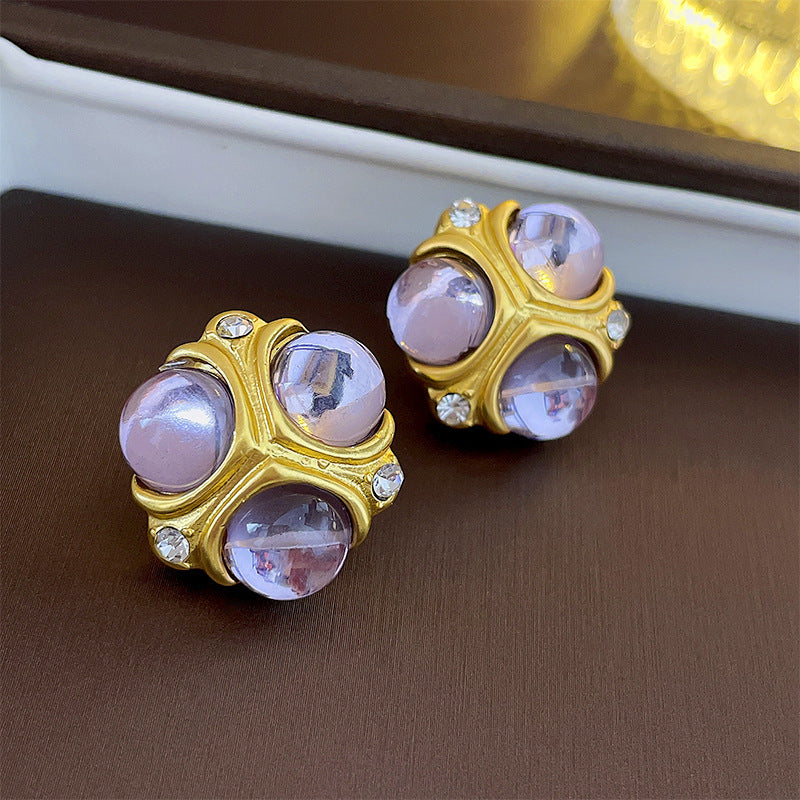 1 Pair Retro Geometric Enamel Imitation Pearl Copper Ear Studs