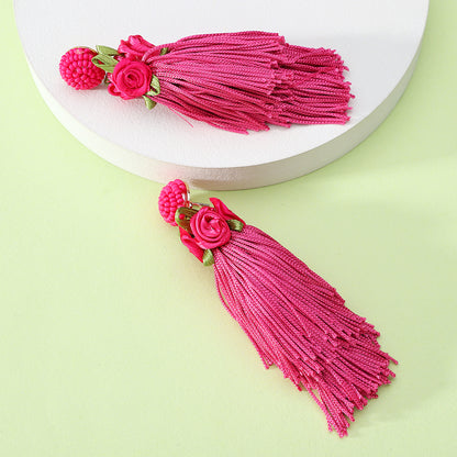 1 Pair Retro Ethnic Style Bohemian Flower Beaded Tassel Cotton Thread Drop Earrings