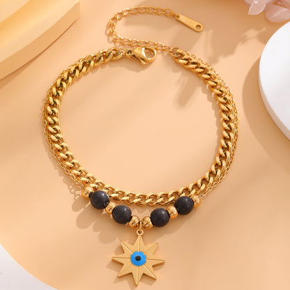 Retro Classic Style Four Leaf Clover Round Eye Titanium Steel Plating Inlay Resin Rhinestones Shell Gold Plated Bracelets