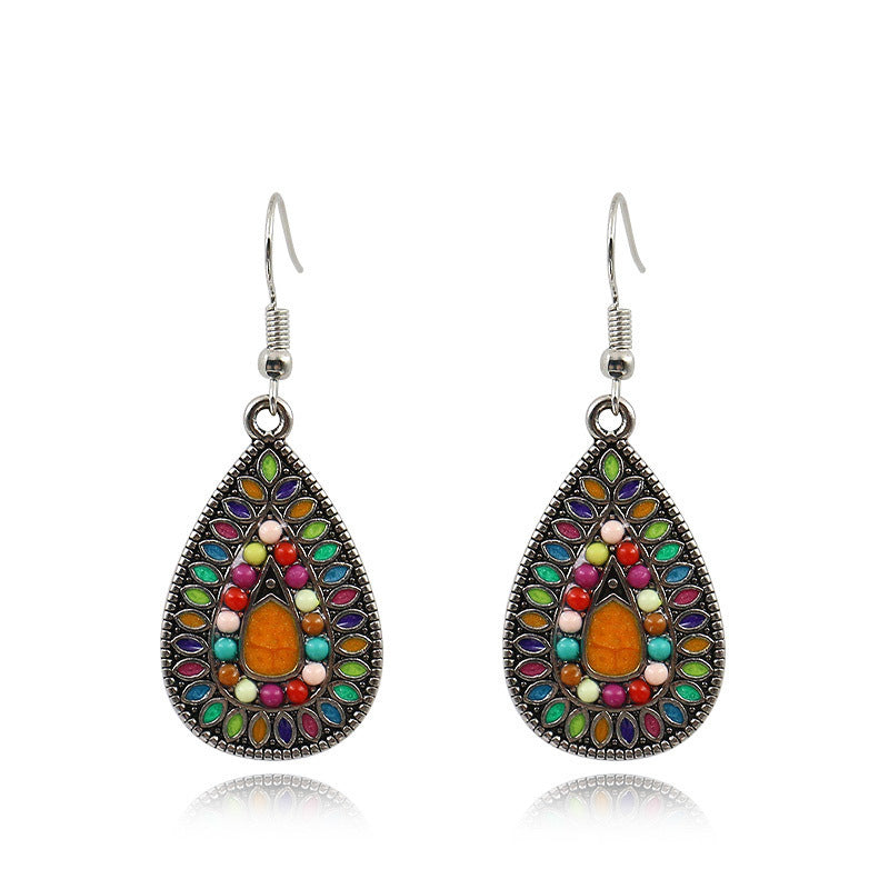 1 Pair Bohemian Water Droplets Flower Rhombus Enamel Inlay Alloy Rhinestones Drop Earrings