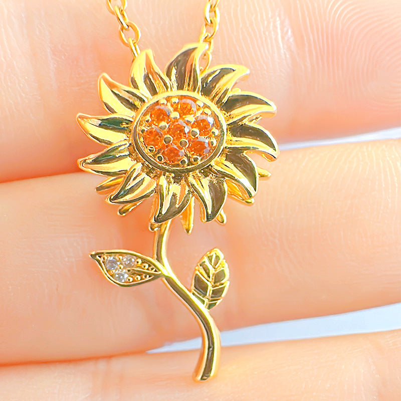 Elegant Sunflower Copper Plating Inlay Zircon 18k Gold Plated Pendant Necklace