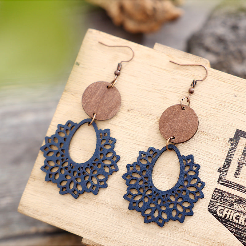 1 Pair Bohemian Geometric Pu Leather Wood Drop Earrings