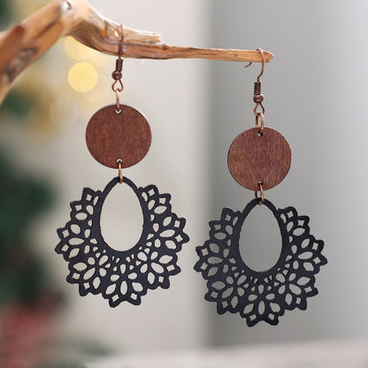 1 Pair Bohemian Geometric Pu Leather Wood Drop Earrings