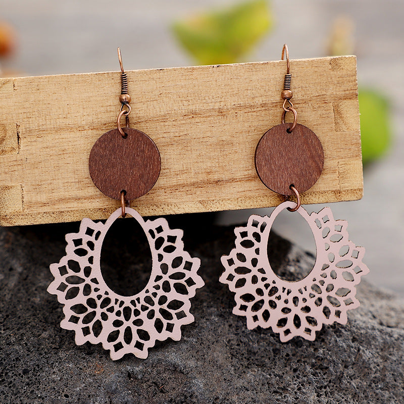 1 Pair Bohemian Geometric Pu Leather Wood Drop Earrings