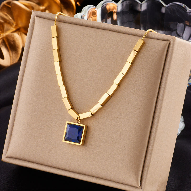 Vintage Style Square Stainless Steel Plating Inlay Rhinestones 18k Gold Plated Pendant Necklace