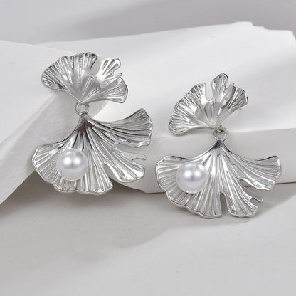 1 Pair Elegant Modern Style Ginkgo Leaf Plating Inlay Stainless Steel Pearl 18k Gold Plated Drop Earrings