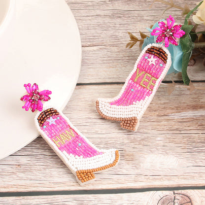 1 Pair Vacation Bohemian Boots Beaded Embroidery Inlay Cloth Glass Drop Earrings