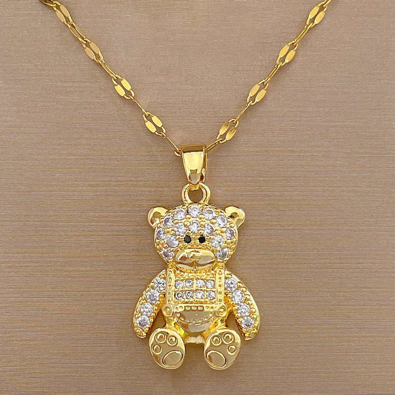 Cute Modern Style Bear Stainless Steel Copper Inlay Zircon Pendant Necklace