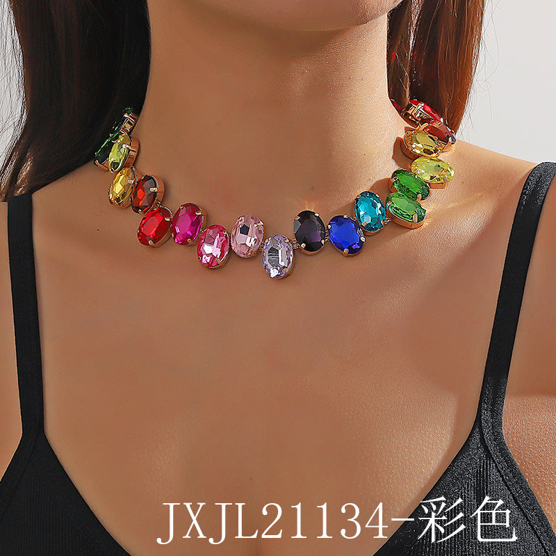 Wholesale Elegant Shiny Colorful Oval Crystal Copper Choker