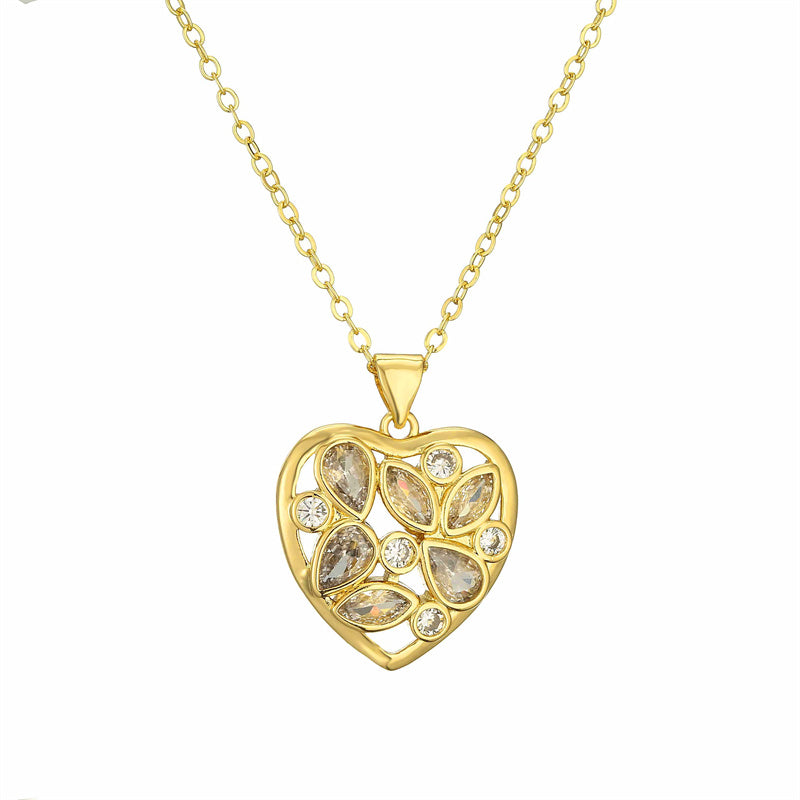 Simple Style Classic Style Water Droplets Heart Shape Copper Hollow Out Inlay Zircon Gold Plated Pendant Necklace