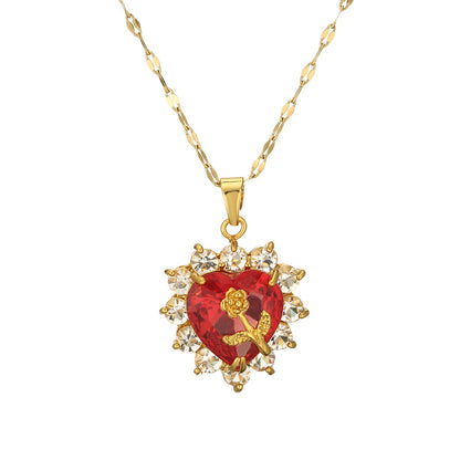 Sweet Heart Shape Flower Stainless Steel Copper Plating Inlay Zircon Gold Plated Pendant Necklace