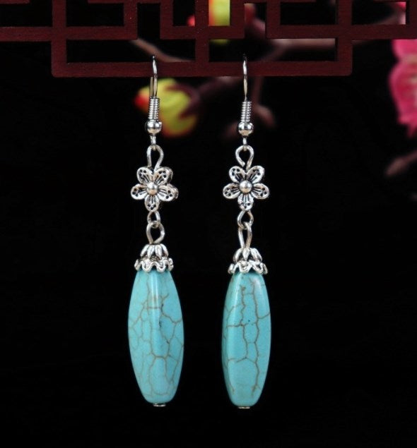 1 Pair Elegant Lady Ethnic Style Owl Flower Butterfly Turquoise Drop Earrings