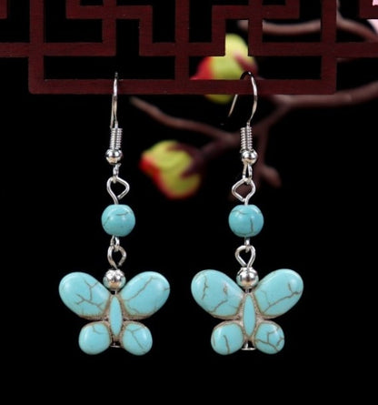 1 Pair Elegant Lady Ethnic Style Owl Flower Butterfly Turquoise Drop Earrings