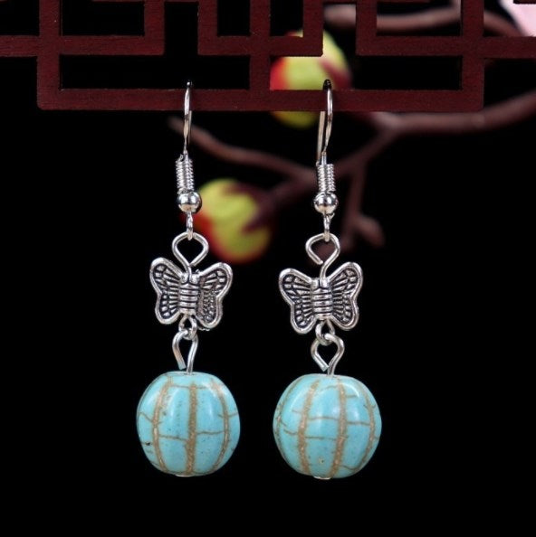 1 Pair Elegant Lady Ethnic Style Owl Flower Butterfly Turquoise Drop Earrings