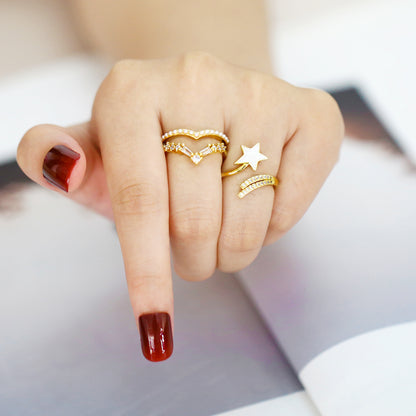 Simple Style Shiny Pentagram Heart Shape Copper Plating Inlay Zircon 18k Gold Plated Open Rings