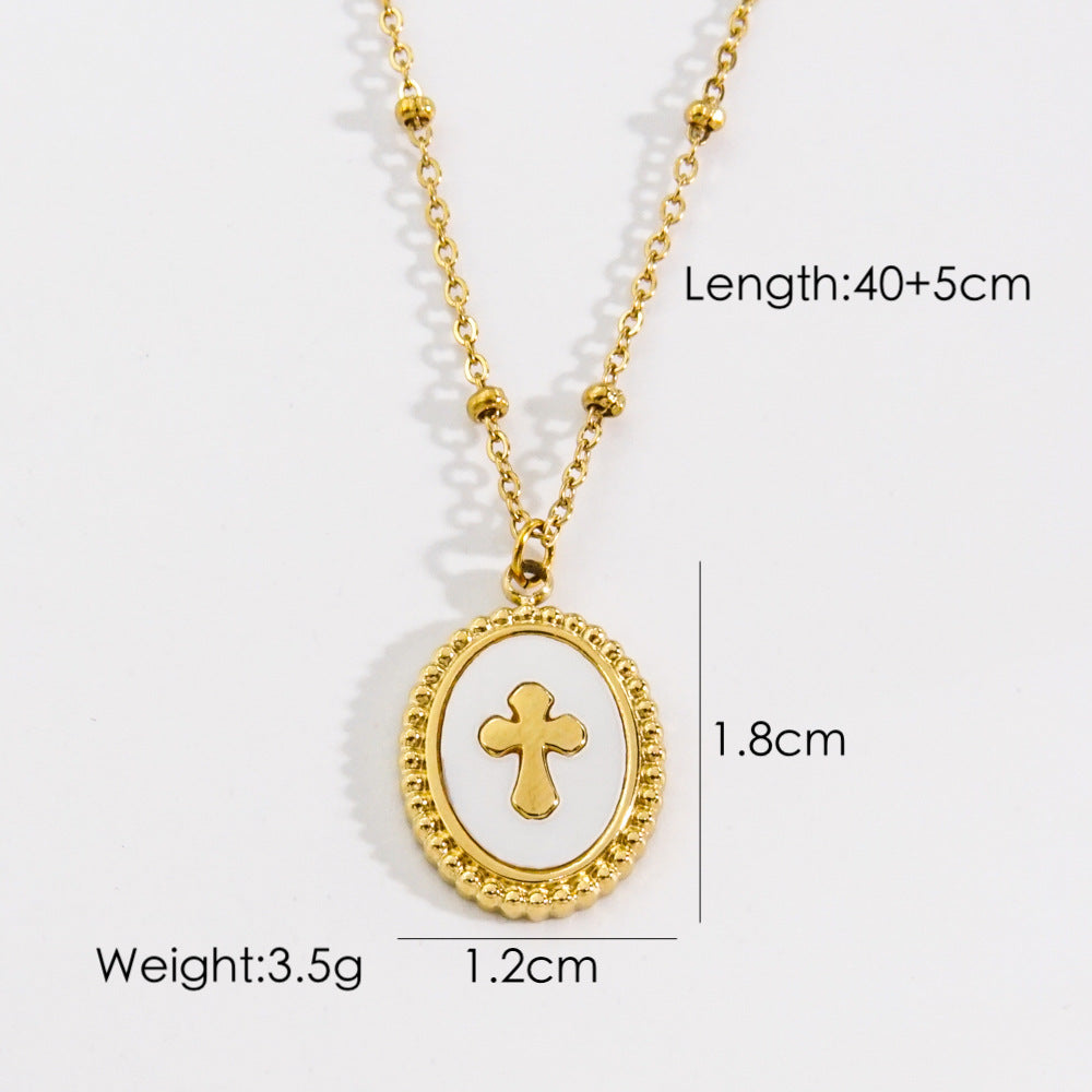 Retro Cross Square Oval Titanium Steel Inlay Natural Stone Shell Zircon Pendant Necklace