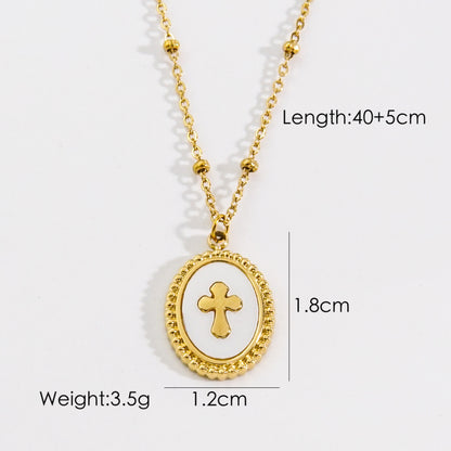 Retro Cross Square Oval Titanium Steel Inlay Natural Stone Shell Zircon Pendant Necklace