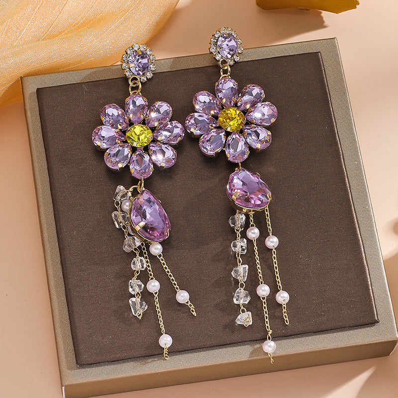 1 Pair Exaggerated Sweet Flower Plating Inlay Alloy Rhinestones Drop Earrings