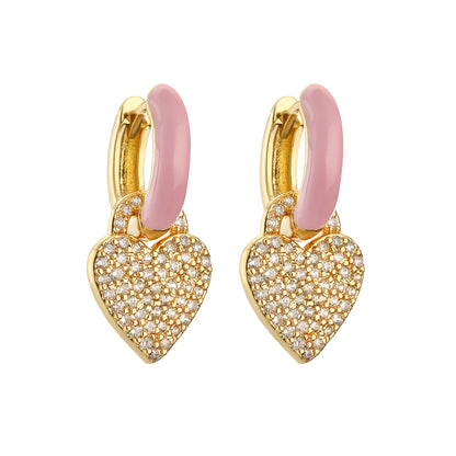 1 Pair Elegant Heart Shape Enamel Inlay Copper Artificial Diamond Drop Earrings