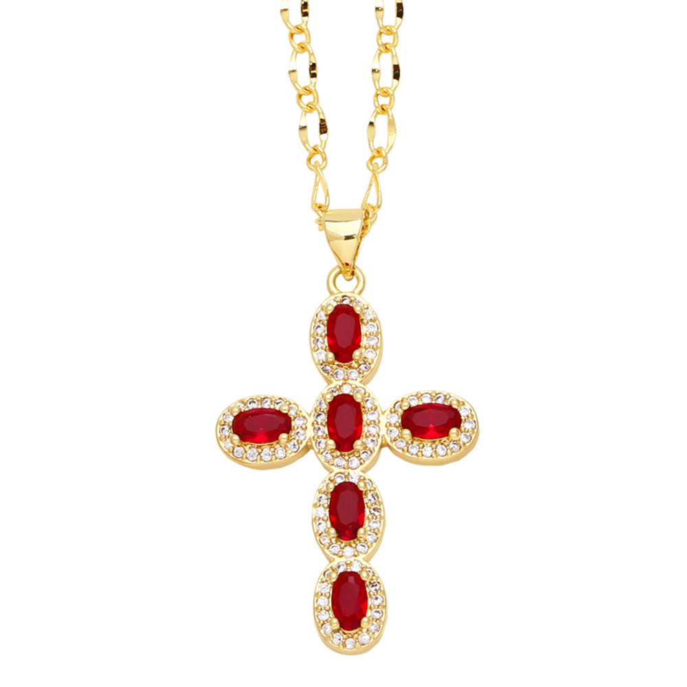 Vintage Style Cross Stainless Steel Copper Plating Inlay Zircon 18k Gold Plated Pendant Necklace