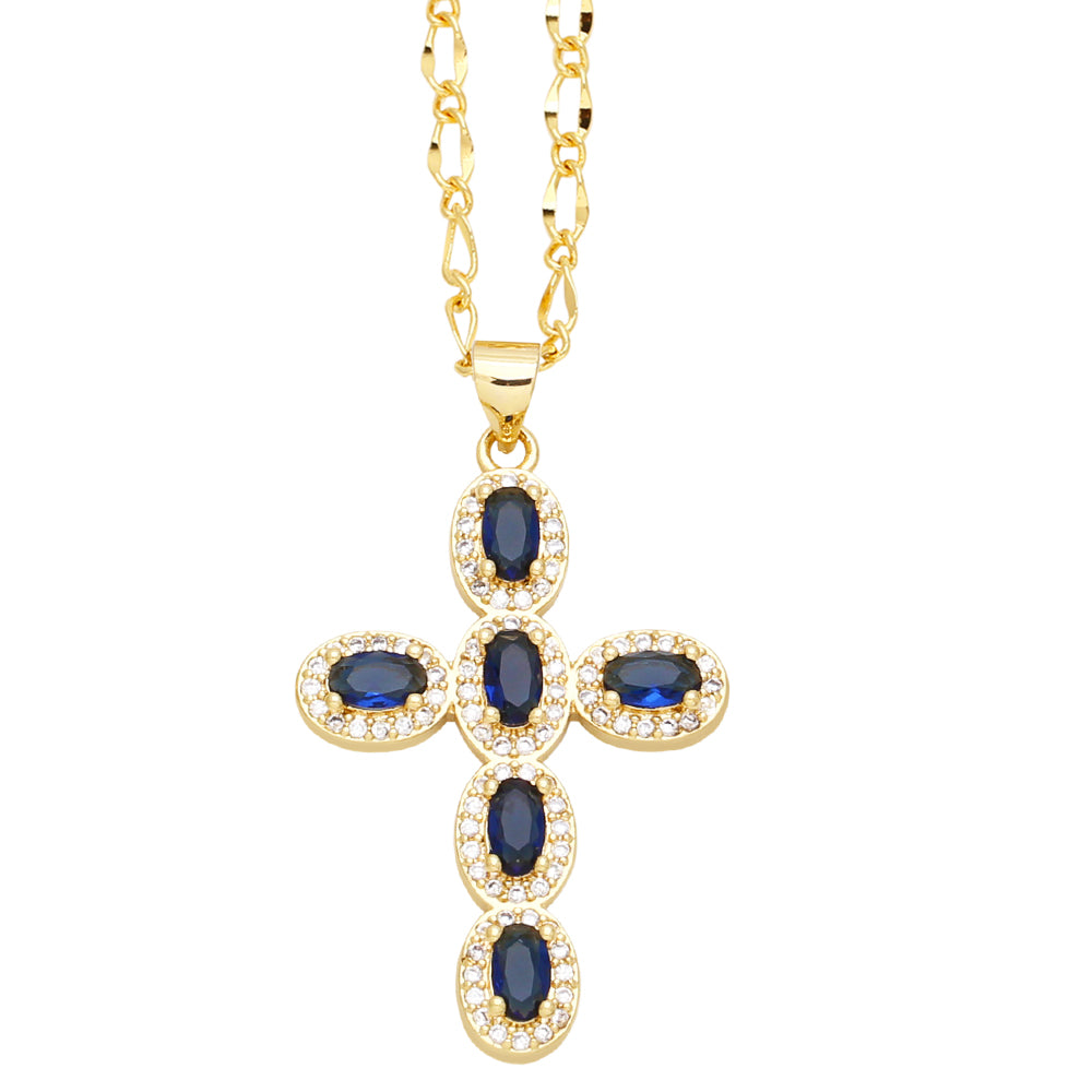 Vintage Style Cross Stainless Steel Copper Plating Inlay Zircon 18k Gold Plated Pendant Necklace