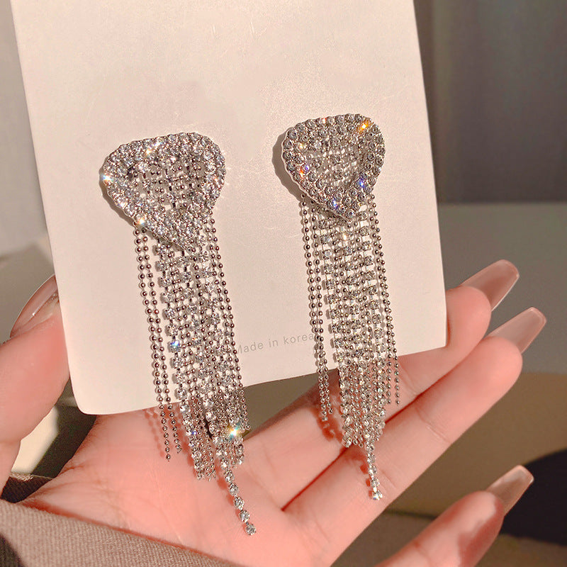 1 Pair Exaggerated Shiny Tassel Heart Shape Plating Inlay Alloy Zircon Silver Plated Drop Earrings