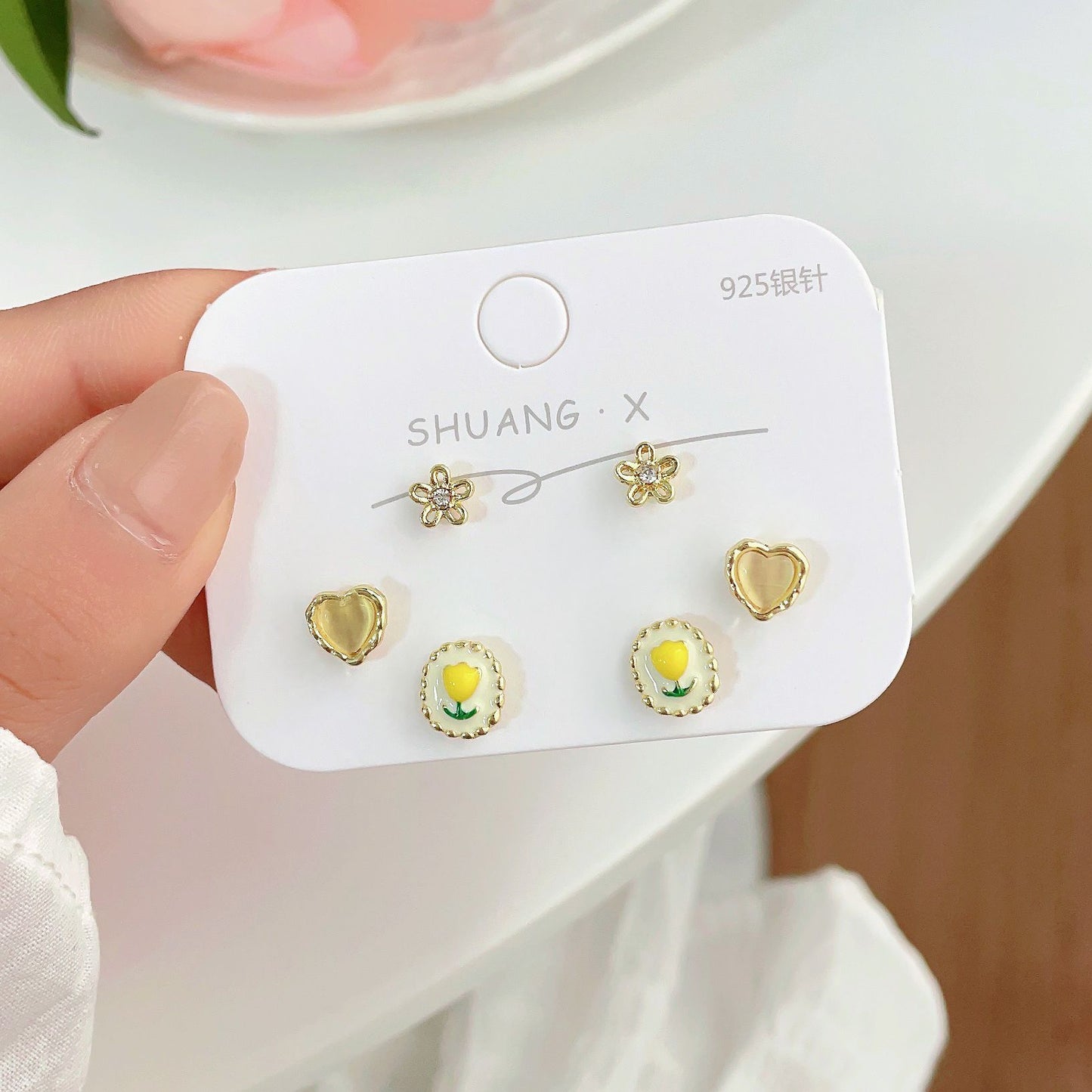 1 Set Sweet Heart Shape Flower Plating Inlay Alloy Opal Ear Studs