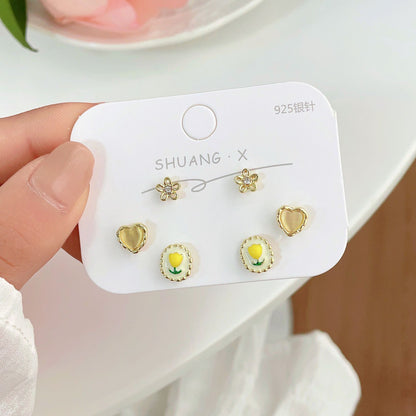 1 Set Sweet Heart Shape Flower Plating Inlay Alloy Opal Ear Studs