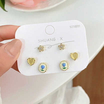 1 Set Sweet Heart Shape Flower Plating Inlay Alloy Opal Ear Studs