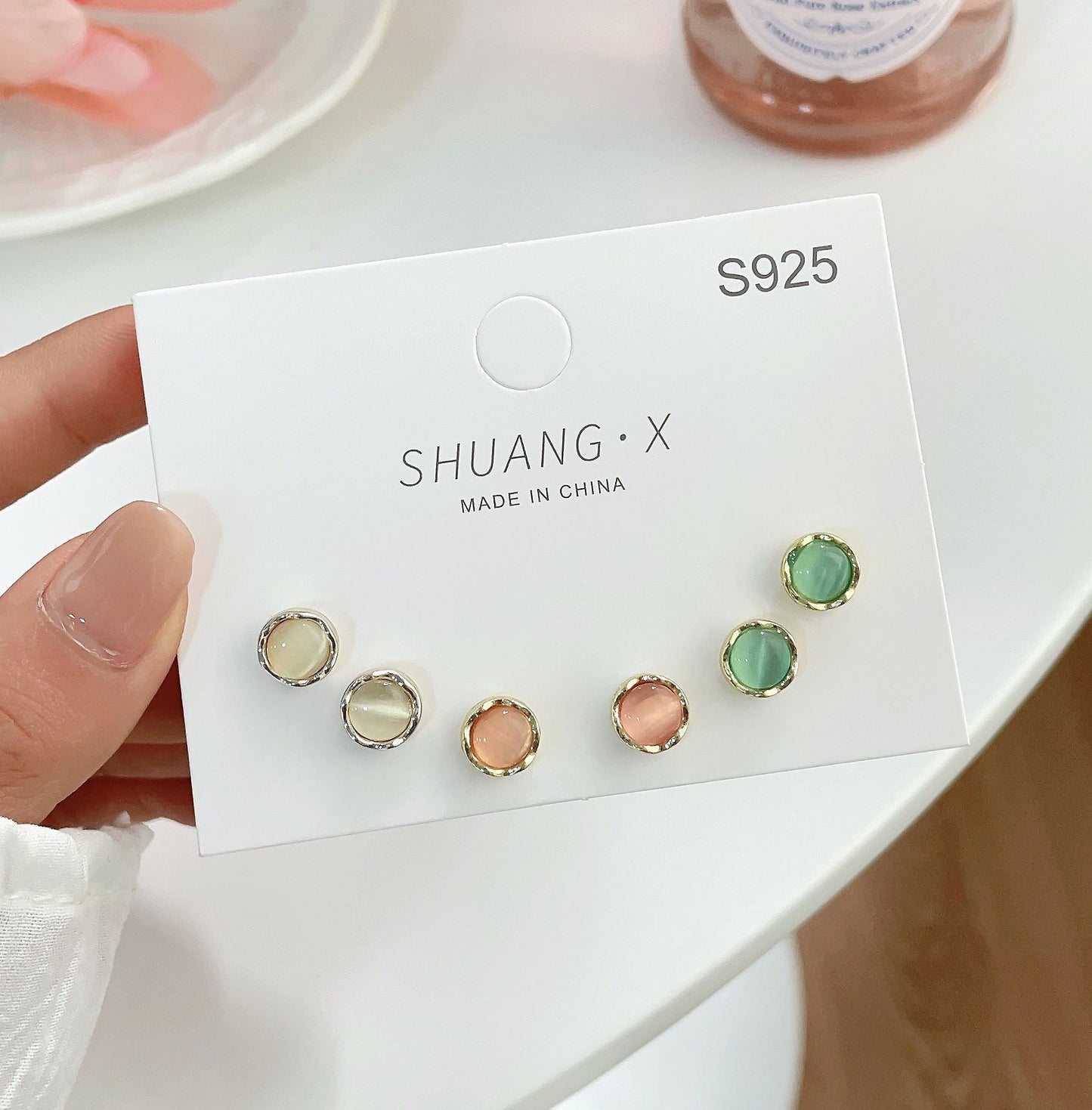 1 Set Elegant Lady Geometric Inlay Alloy Opal Ear Studs