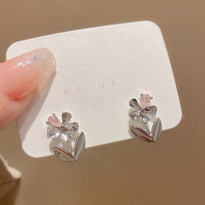 1 Pair Sweet Fruit Heart Shape Flower Inlay Sterling Silver Artificial Pearls Zircon Ear Studs