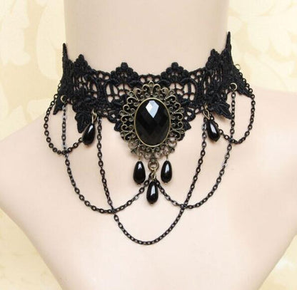 Vintage Style Oval Alloy Lace Chain Inlay Artificial Gemstones Women's Choker