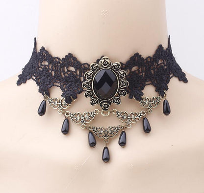 Vintage Style Oval Alloy Lace Chain Inlay Artificial Gemstones Women's Choker