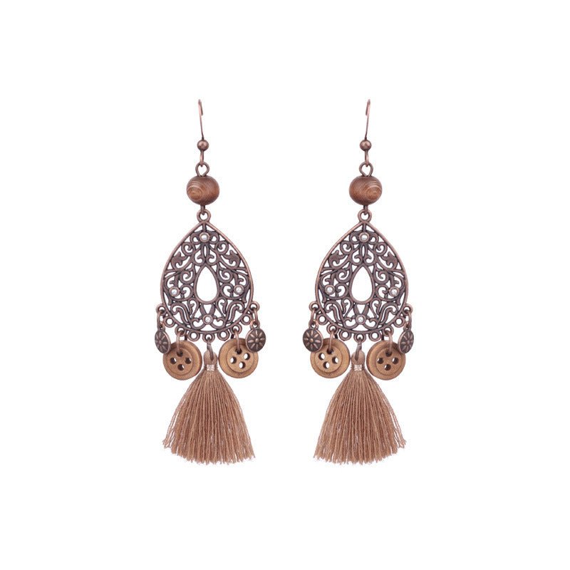 1 Pair Ethnic Style Geometric Water Droplets Tassel Wood Drop Earrings