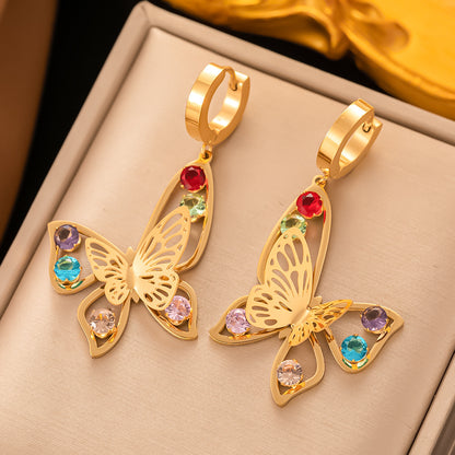 1 Pair Elegant Butterfly Plating Inlay Titanium Steel Zircon Drop Earrings