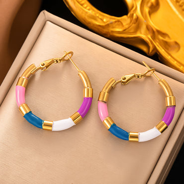 1 Pair Elegant Round Enamel Plating Titanium Steel 18k Gold Plated Hoop Earrings