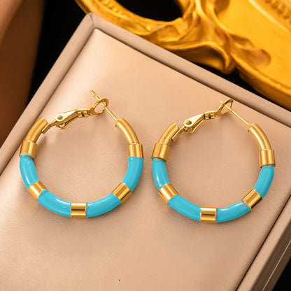 1 Pair Elegant Round Enamel Plating Titanium Steel 18k Gold Plated Hoop Earrings