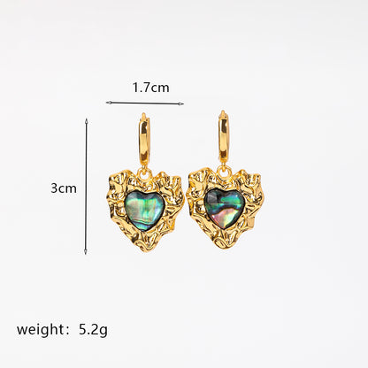 1 Pair Elegant Retro Oval Heart Shape Enamel Plating Inlay Copper Natural Stone Malachite Shell 18k Gold Plated Drop Earrings