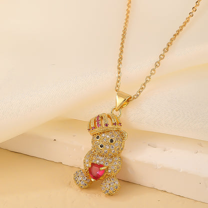 Cute Sweet Little Bear Copper Gold Plated Zircon Pendant Necklace In Bulk