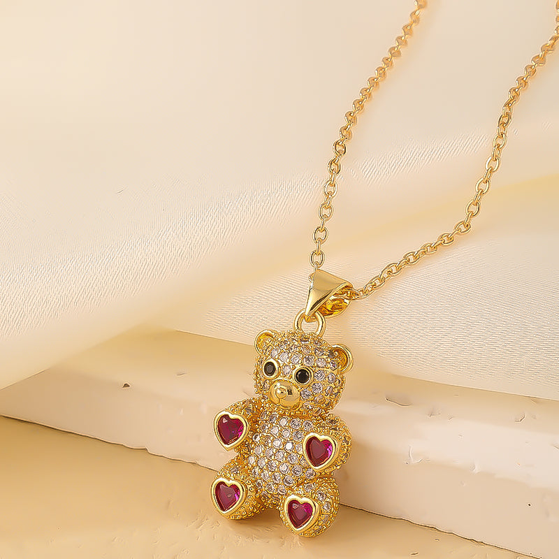 Cute Sweet Little Bear Copper Gold Plated Zircon Pendant Necklace In Bulk