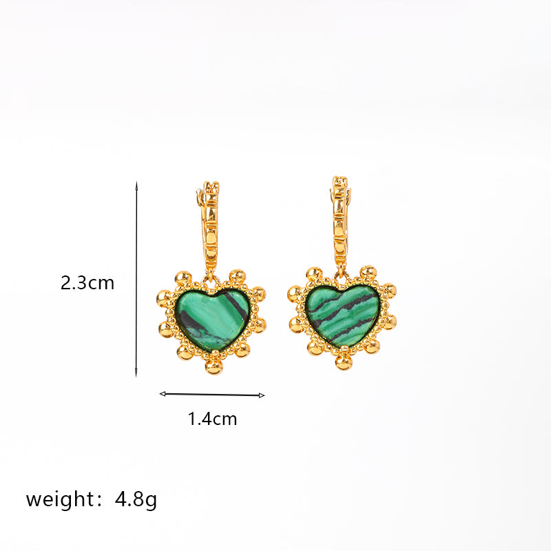 1 Pair Elegant Retro Oval Heart Shape Enamel Plating Inlay Copper Natural Stone Malachite Shell 18k Gold Plated Drop Earrings